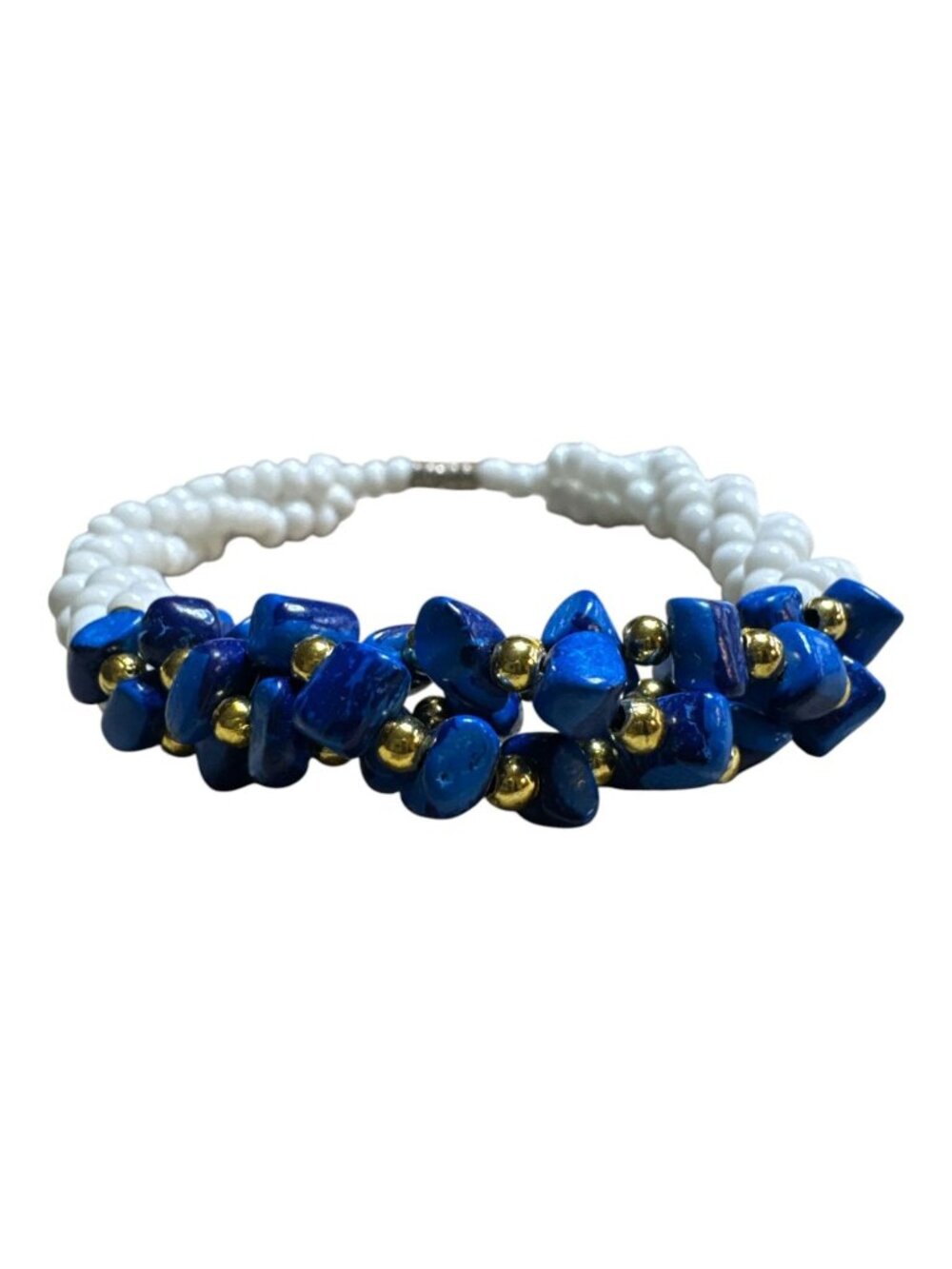 Blue & White Beaded Stretch Bracelet With Gold Accents - 6 Inch Adjustable Size